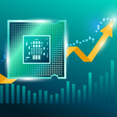 Circuit board above a rising arrow chart showing growth