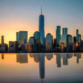 Manhattan skyline reflected in water