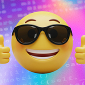Sunglasses emoji in front of code background