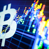 A bitcoin symbol is superimposed over a trading screen showing financial data