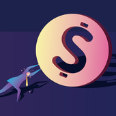 Illustration of a businessman pushing a large dollar coin