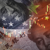 US and Chinese flags with dollar and yuan banknotes, overlaid with stock market graph 