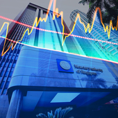 Monetary Authority of Singapore building overlaid with abstract digital graph