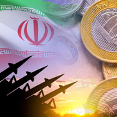 Montage of Iran flag with rocket launchers pointed at EM currencies