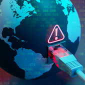 An ethernet cable plugged into a world globe has an error icon above it