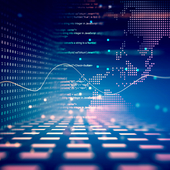 Digital rendition of binary code and Python text next to global map and an FX pricing curve
