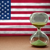 US flag with an hourglass representing a countdown