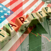 US flag with a ‘tariffs’ sign and some up and down arrows
