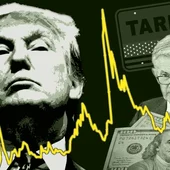 Collage of Trump and tariff sign, Jay Powell and US dollars either side of a volatility spike chart